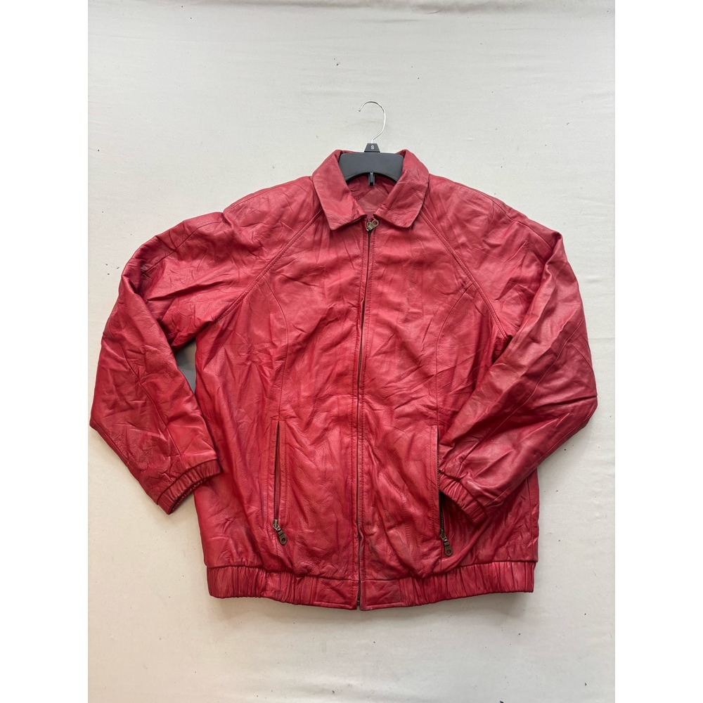 Preston & York Red Leather Bomber Jacket Womens Small Vintage Zip Up Raglan